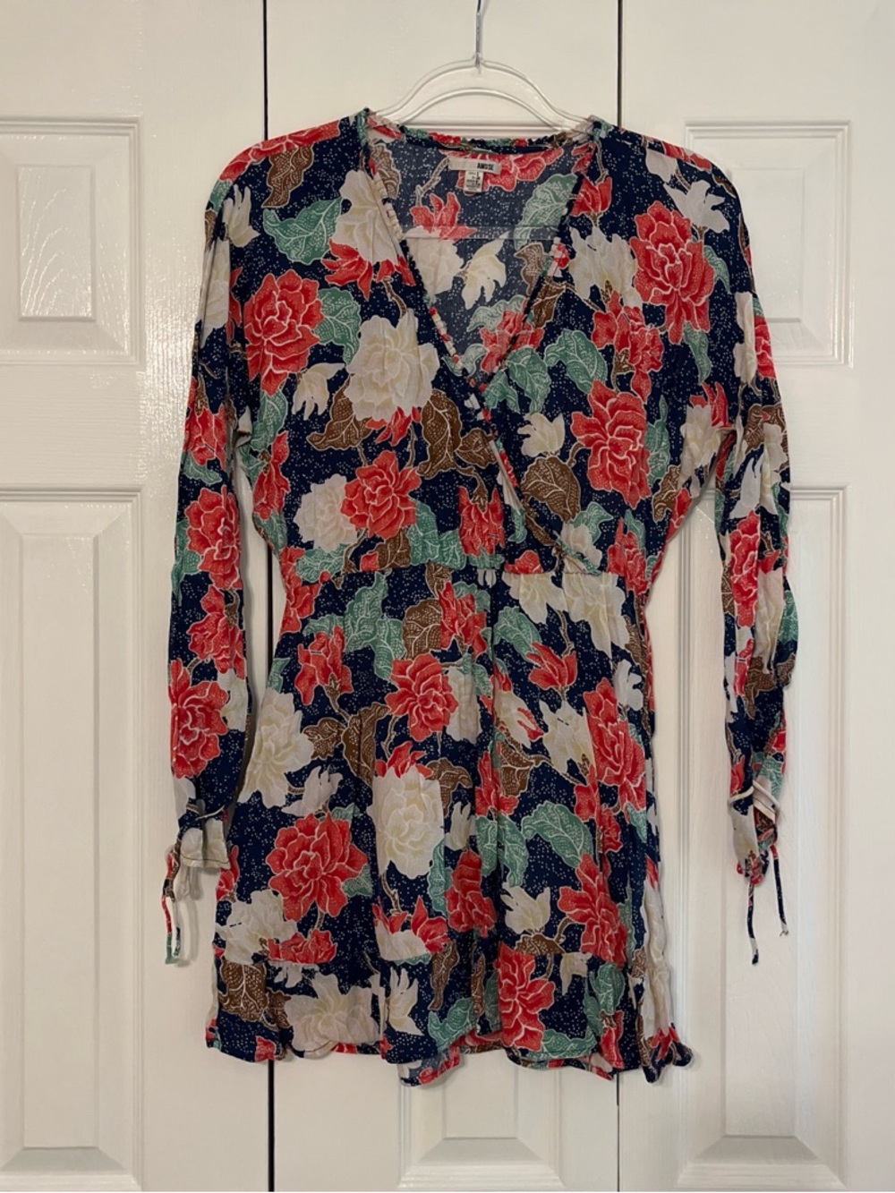 Amuse Society Navy Floral Wrap Dress with Red, Cream & Green Blooms